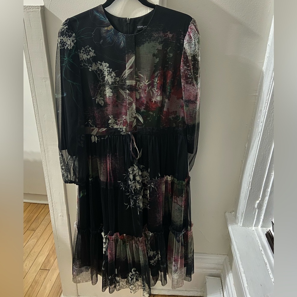 Floral Tie-Waist Midi Dress - Black and Pink